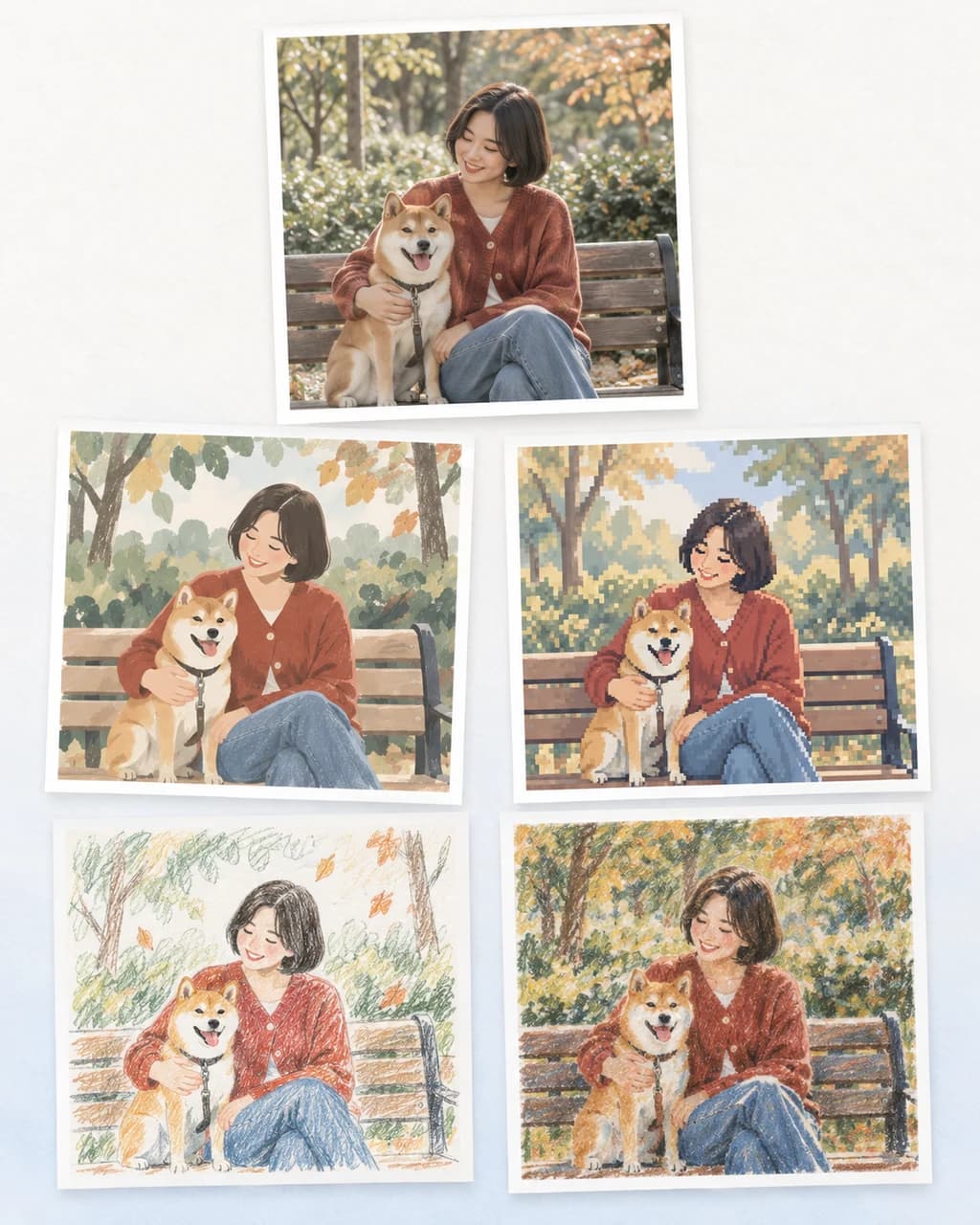 사진 한 장이 미니멀, Y2K, 하찮음, 크레용 그림으로 바뀐 AI 드로잉 예시